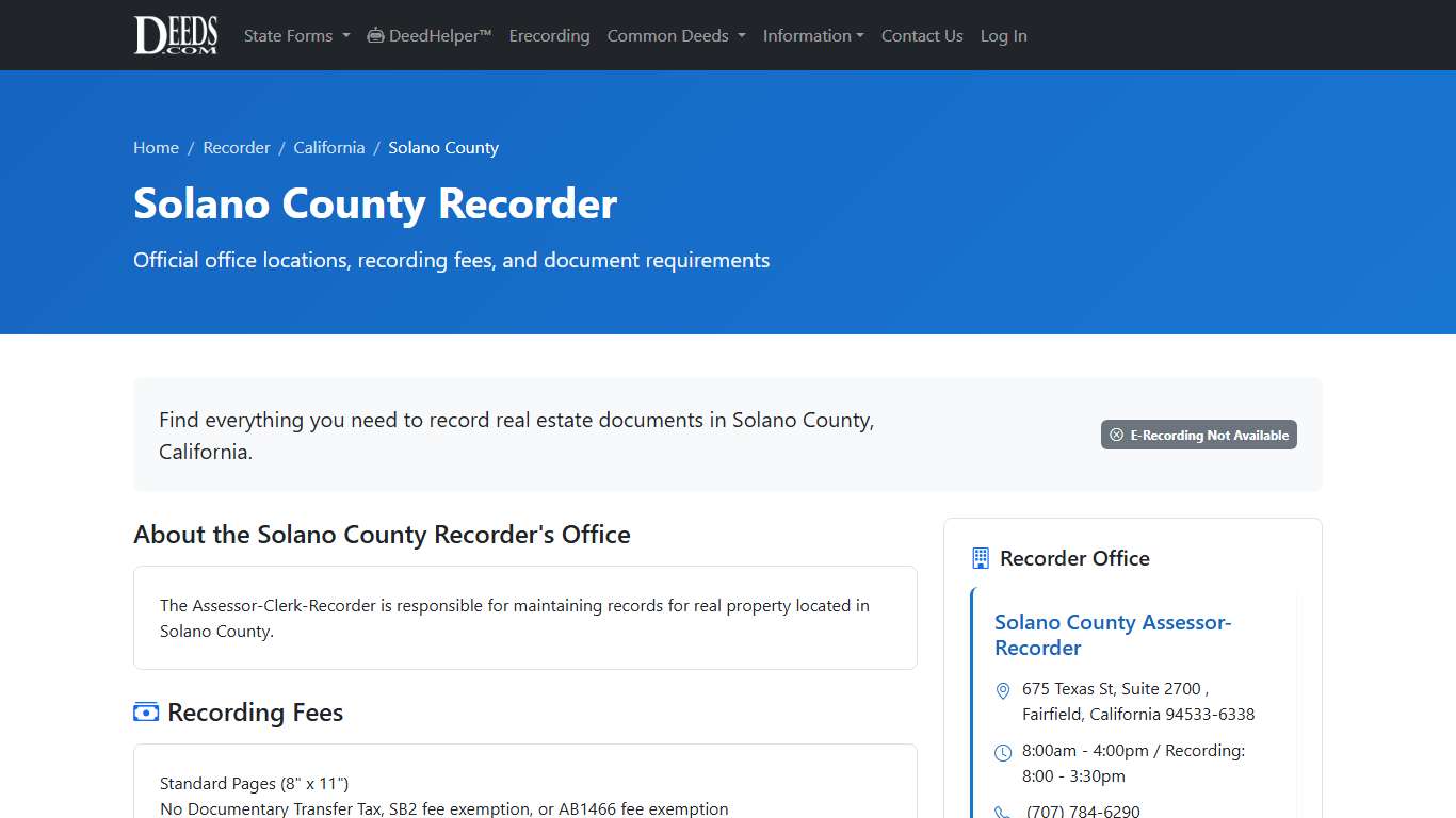 Solano County Recorder Information, California - Deeds.com