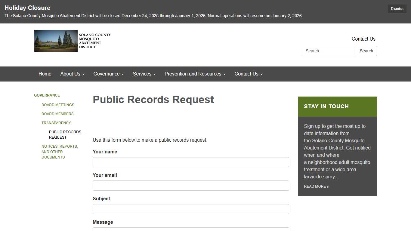 Public Records Request  - Solano County Mosquito Abatement District