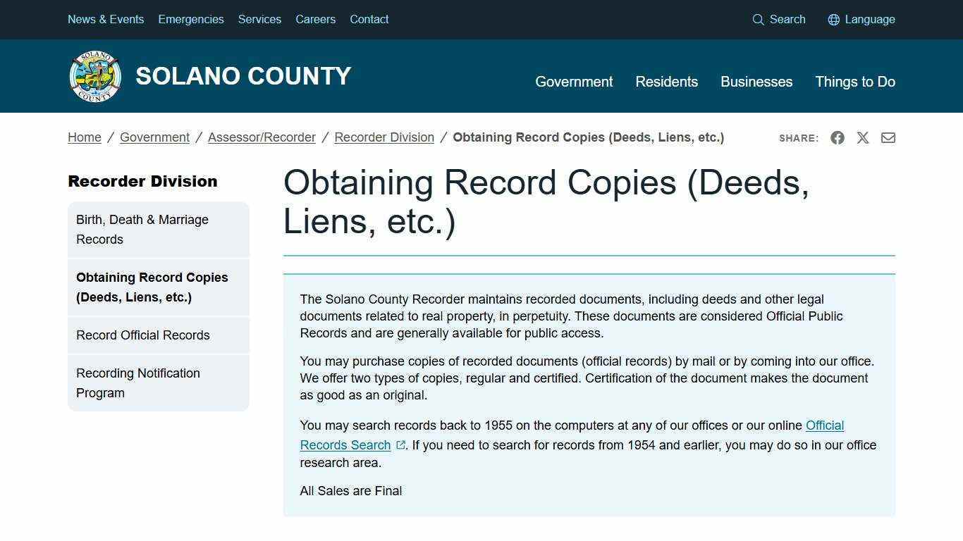 Obtaining Record Copies (Deeds, Liens, etc.) | Solano County, California