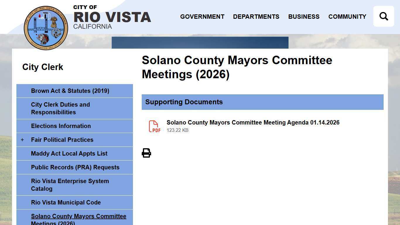 Solano County Mayors Committee Meetings (2026) | Rio Vista, CA