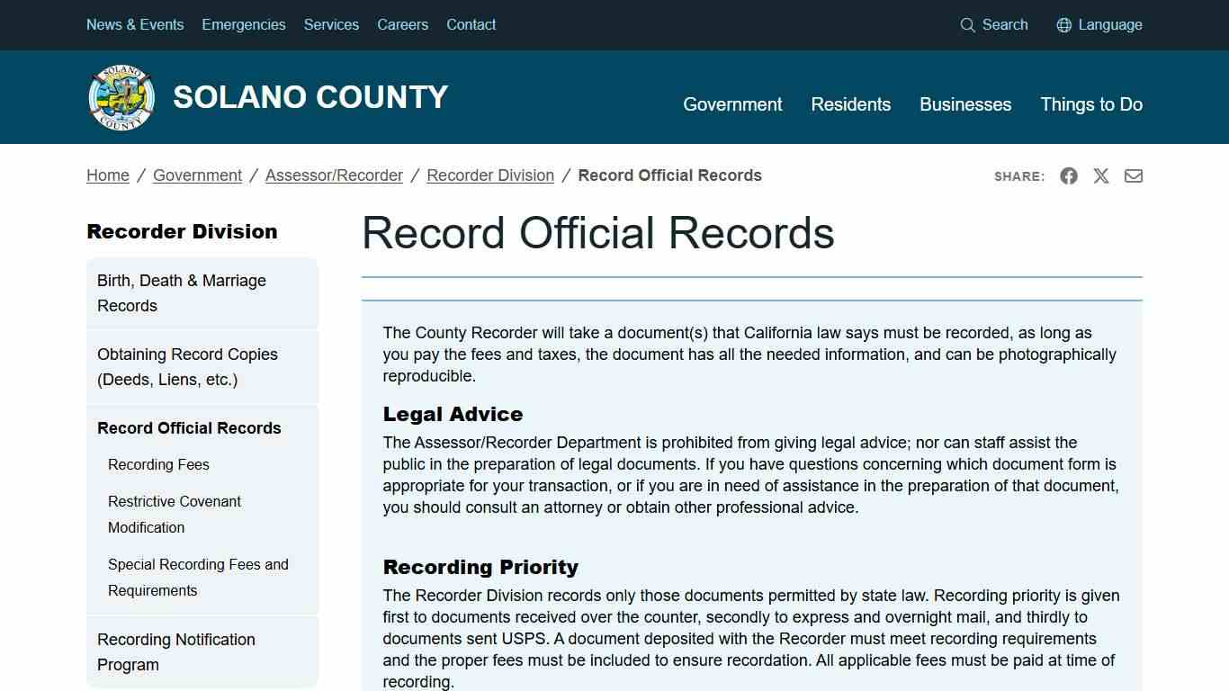 Record Official Records | Solano County, California