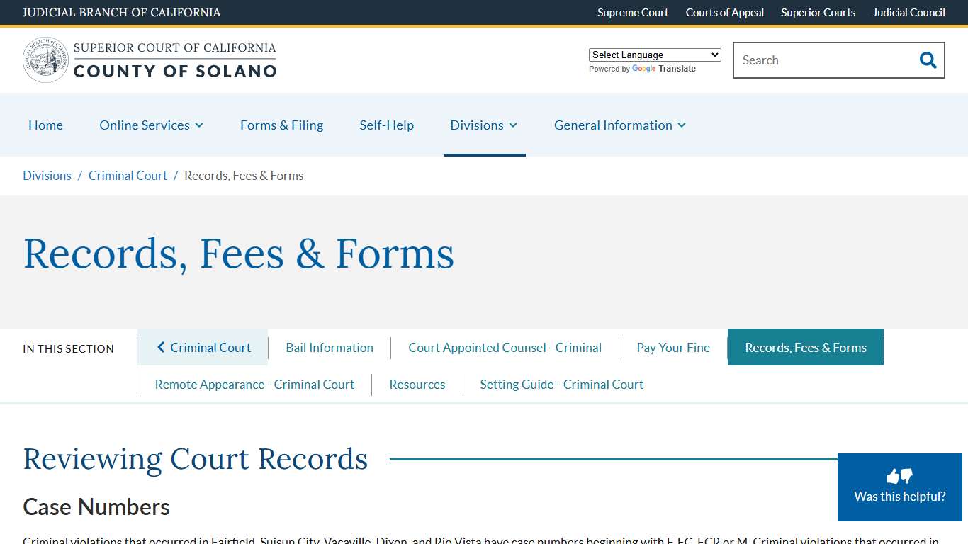 Records, Fees & Forms | Superior Court of California | County of Solano
